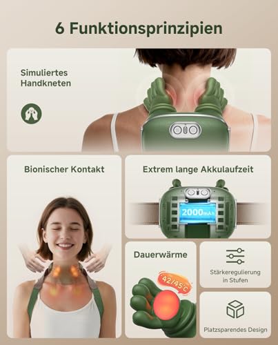 MassagegeräT, 4D NackenmassagegeräT mit Wärme, Heizendes Nacken, 3 Massageeinstellungen & 2 Heizstufen, Tiefengewebemassage für Nacken und Schultern, Wiederaufladbarer, Bionisches Massager für Eltern