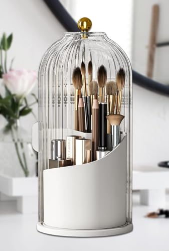 FIVAVA organisateur maquillage pivotant à 360°, rangement maquillage organisateur avec Couvercle, rangement pinceaux maquillage 3 Compartiments, pot pinceau...