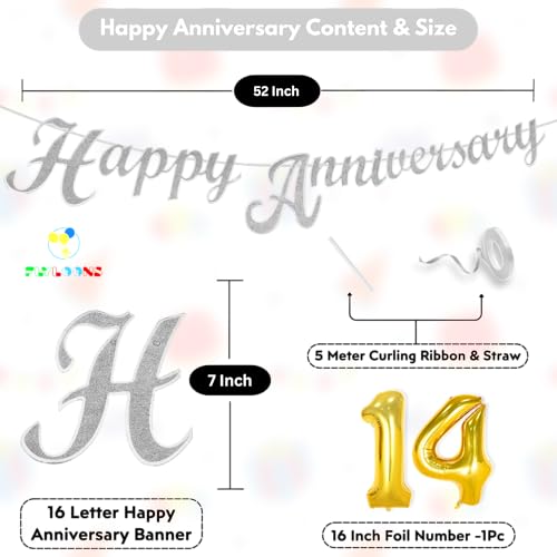 Image of Flyloons 14th Happy Anniversary Banner Silver Decorations Kit for Men Women Wedding Anniversary Banner Items without Balloons