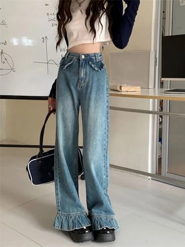 Dawery Flare Jeans Women Baggy Washed Vintage Streetwear Full Length Tender High Waist Retro Denim Trousers3