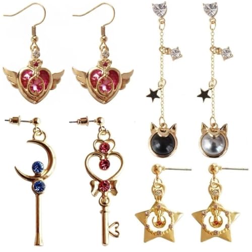 4Pcs Anime Earrings Guardian Star Moon Cat Heart Shaped Dangle Earrings Cosplay Accessories for Women