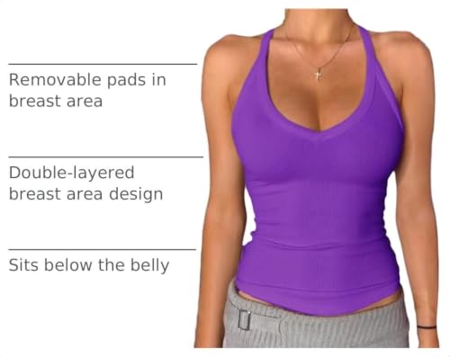 Image of Danysu V Neck Racer Back Tank Tops for Women Padded Fitted Long Basic Cami