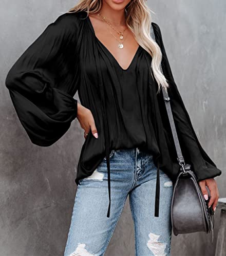 LAMISSCHE Womens Sexy Deep V Neck Blouse Lantern Long Sleeve Chiffon Shirt Oversized Drawstring Silk Satin Tunic2