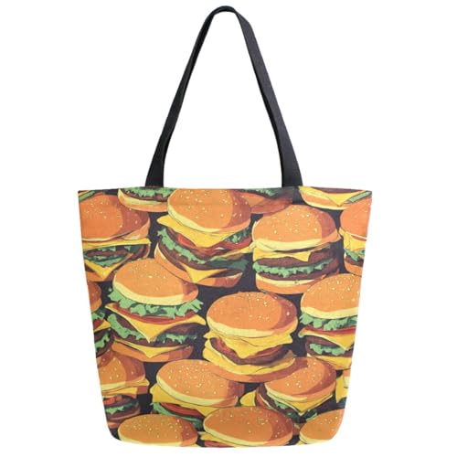 Peystean Fashion Burgers Pattern Extra Large Canvas Shoulder Tote Bag,Men Women Daily Reusable Handle Bag for Gym Yoga Weekender Grocery Beach Travel Shopping