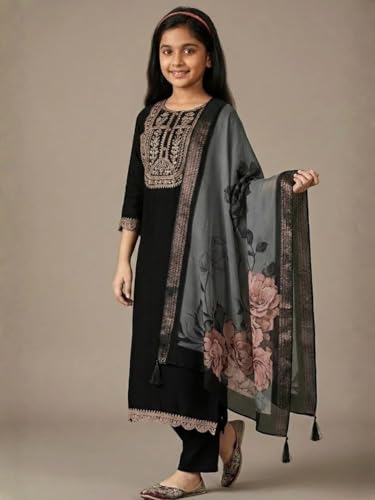 Image of Girls Ethnic Embroidered Silk Kurta Pant and Jacquard Dupatta Set | Kids Salwar Suit | three piece Traditional Outfit