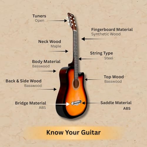 Image of Henrix 38C 38 Inch Basswood Cutaway Acoustic Guitar With Dual Action Truss Rod, Gigbag, Picks, String Set, String Winder, Strap, Polishing Cloth & Ebook - Sunburst
