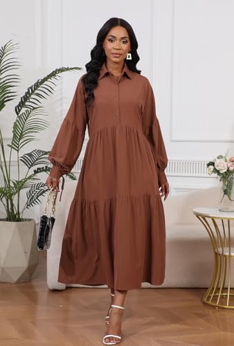 Image of Women's Long Sleeve Maxi Shirt Dress Elegant Button Down Loose Swing Party Dress