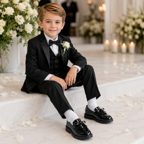 Image of KIDSUN Toddler Dress Shoes Boys Girls Oxford Shoes Kids Wedding Church Dress Shoes PU Leather Lace Up School Uniform Loafer Flats（Toddler /Kids）