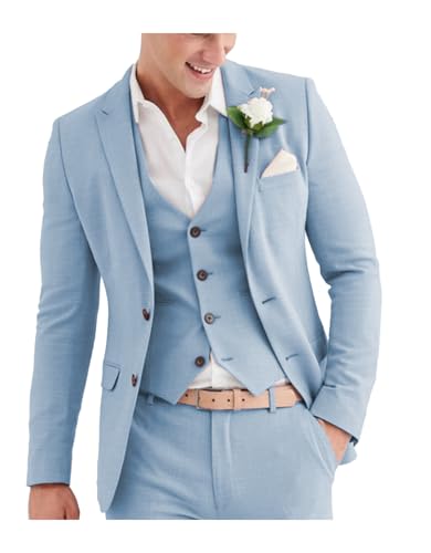Conjunto de traje de lino para hombre, esmoquin casual, 3 piezas, chaqueta y pantalones de lino de dos botones, para graduación, boda, cena, traje rosa para hombre, azul celeste, 48