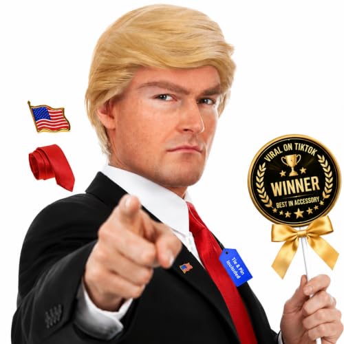 ALLAURA 3pc Donald Costume Kit – Blonde Wig, Red Tie, Flag Pin – Compatible with Pres Donald Wig Halloween Costume for Adults, Couples, Cosplay, Political Events, Parody Outfits, Toupee Wig Look