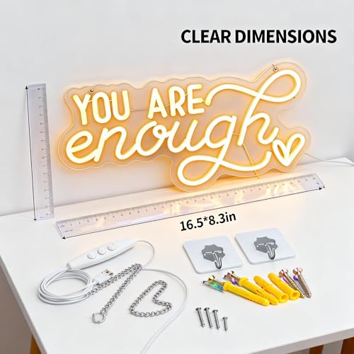 Image of You Are Enough Neon Sign, Self Love Neon Light with Floral Decor, Motivational Wall Art for Bedroom, Therapy Office Decor, Mental Health Awareness Gift, USB Dimmable (16.5 inchx8.3 inch)