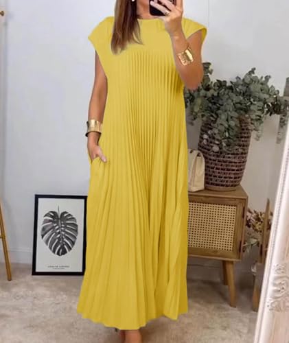 Image of SEMATOMALA Women's Pleated Short Sleeve Maxi Dress Crewneck Loose Fit Flowy Swing Long Dress with Pockets