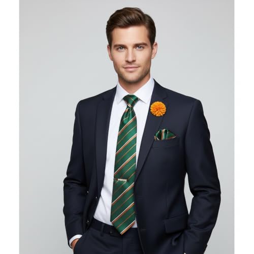 Image of 5PCS Mens Premium Silk Tie, Pocket Square, Cufflinks, Drilled Tie Ring and Lapel Pin Set for Wedding Groom Party