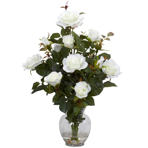 Nearly Natural 1281-WH Rose Bush with Vase Silk Flower Arrangement, White