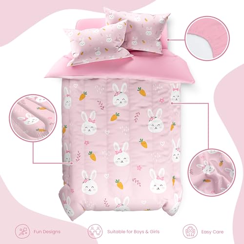 Image of SANDJEST Rabbit Comforter Set Twin Size 68x86in for Kids Girls, Microfiber 3 Pcs Bedding Set Includes 1 Comforter, 1 Pillowcase, 1 Fitted Sheet, Nursery Room Decor