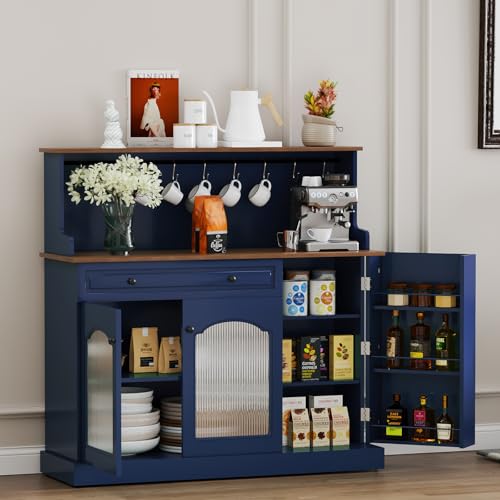 HOLTICO Armario de cocina con encimera, armario buffet de cocina, color azul, armario de vino con cajón y estante superior, cómodas y aparadores para salón, comedor