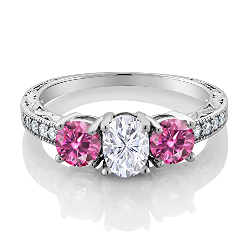 Gem Stone King Personalized and Customized 3-Stone Engagement Ring For Women | 925 Sterling Silver | 7X5MM Oval and 5MM Round | Gemstone Birthstone and Moissanite | Available In Size 5-93