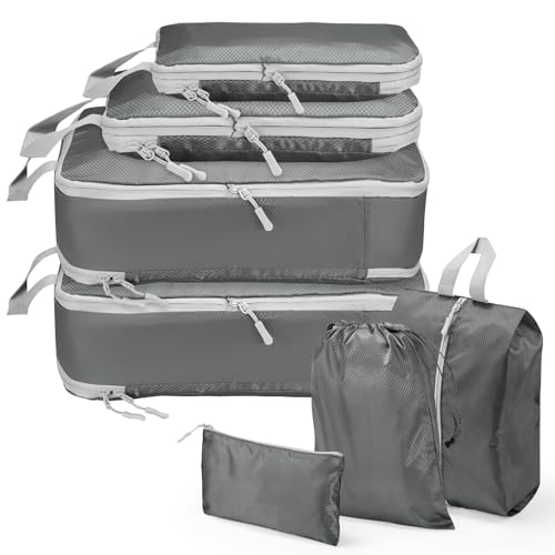 Compression Packing Cubes, Travel Storage Bag, Suitcase Organizer Bags, Carry On Luggage (Grey, Set of 7)