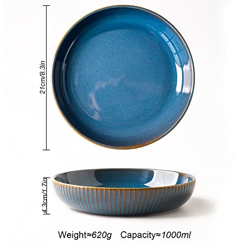 CSYY Lot de 4 Assiette Creuse,21cm Assiette à Saladier en Céramique, assiettes à dîner, bleu