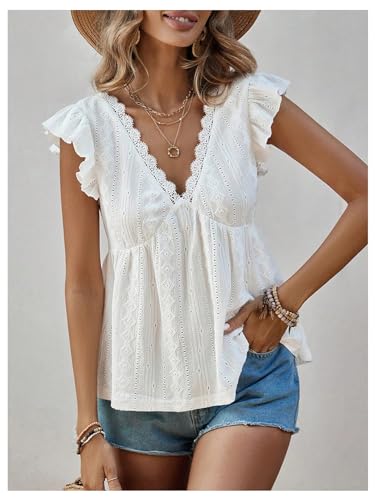 SweatyRocks Women's Lace Trimmed V Neck Ruffled Sleeve Flared Eyelet Tank Blouse Top3