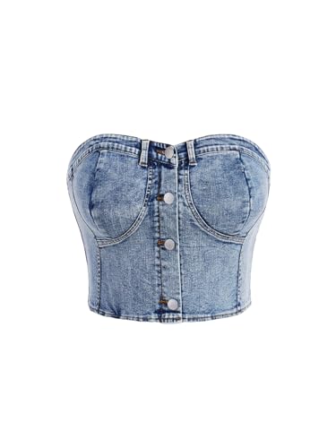 Floerns Women's Plus Size Button Down Denim Tube Top Shirred Strapless Jean Tops