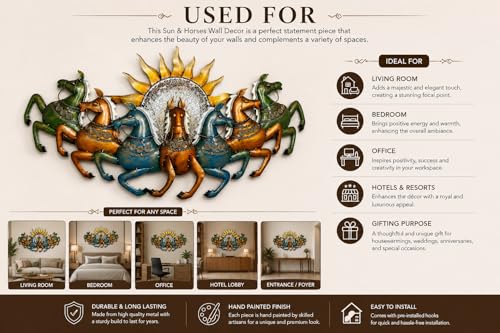 Image of iHandikart Multicolor 7 Running Horses Metal Wall Art with Sun Design | Iron Wall Sculpture for Living Room | Modern Horse Wall Hanging Decor for Home, Office & Hall | 44 x 23 Inch