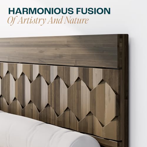 Image of Bme Georgina Signature Mocha Bed Frame, Queen Bed Frame and Headboard Handcrafted Geometric, Mid Century Modern, Solid Acacia Wood, No Box Spring Needed, 12 Strong Wood Slats Support, Easy Assembly