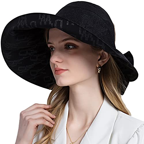 Exemaba Pare-soleil double face pour femme - Bord large - Pour l'été - Pour la plage - Pour queue de cheval - Réglable et pliable, a-noir, L Cover