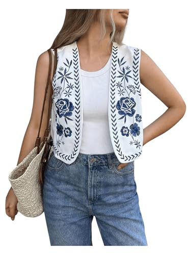 OYOANGLE Women's Floral Embroidery Boho Vests Colorblock Vest Tops Open Front Vintage Waistcoat