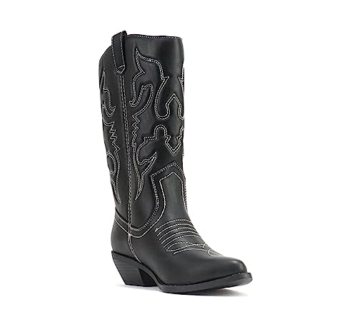 SODA Women Cowgirl Cowboy Western Stitched Boots Pointy Toe Knee High Reno-S (5.5, BLACK/OFF WHITE PU, numeric_5_point_5)4