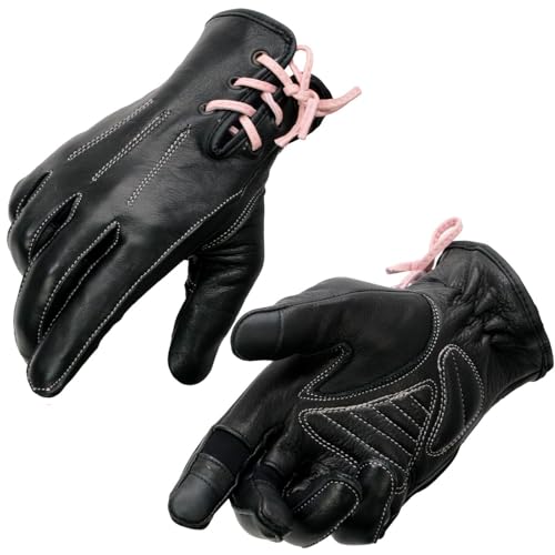 Milwaukee Leather MG7772 Women's Black/Fuchsia ’I - Touchscreen Compatible’ Laced Wrist Motorcycle Hand Gloves W/Gel Palm - Small