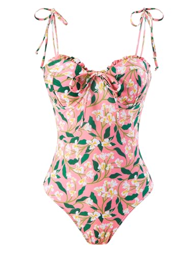 One Piece Swimsuit with Cover Up Retro Bathing Suit with Cover Up Set Modest Sarong Wrap Swim Suits for Women Slimming Two Piece Swimwear with Matching Pink Leaf Large4