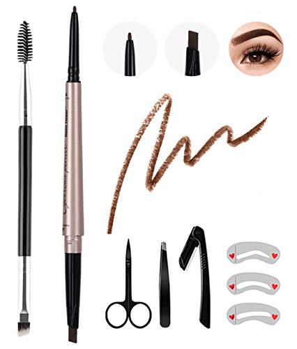 8Pcs Eyebrow Pencil Set Long Lasting,Double Ended Waterproof Eyebrow Pen Dark Brown, Eyebrow Definer Smudge-Proof,with Eyebrow Brush Stencil Tweezer Razor Set