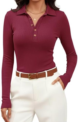 Women's Long Sleeve Business Casual Tops Collared V Neck Work Blouse 2025 Fall Button Fitted Polo Shirts