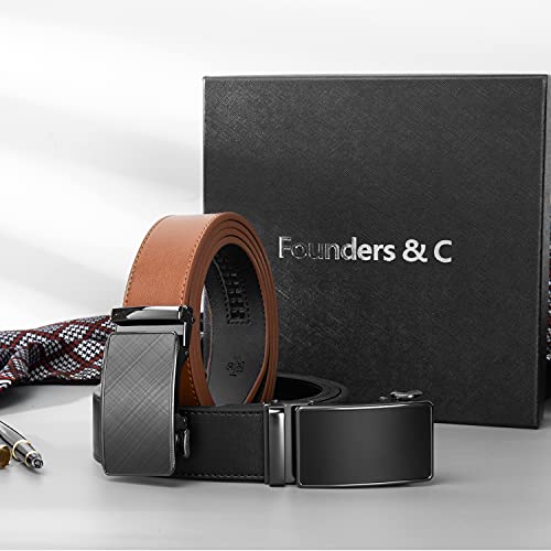 Image of Founders & C Mens Belt 2 Pack,Leather Ratchet Click Belt Dress with Slide Buckle 1 3 /8 inch in Gift Set Box- Size Adjustable