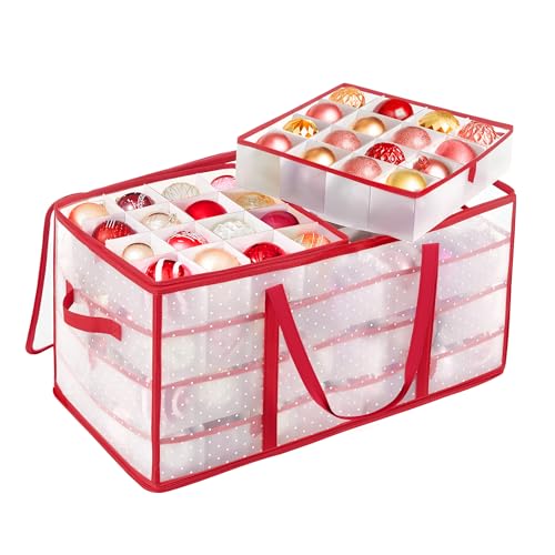 SONGMICS Large Christmas Ornament Storage Boxes, 3-Inch Balls, 8 Trays, 128 Slots, Plastic Christmas Storage Container with Lid, Dual Zippers, Side Handles, Cherry Red URFB029T01 Cherry Red 