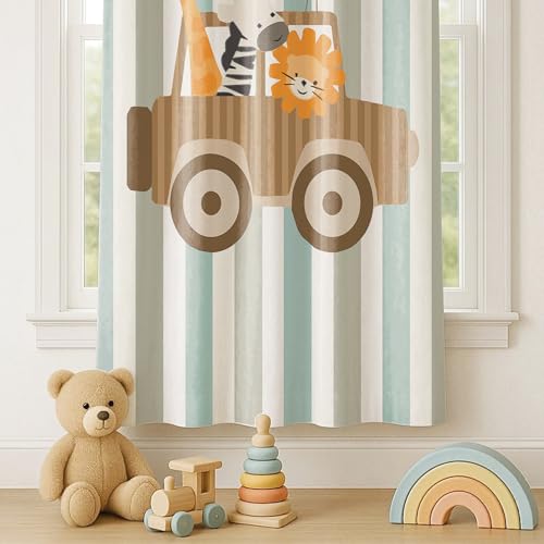 Image of STITCHNEST Velvet Kids Curtains Pack of 1 | Safari Animal Jeep Print | Semi Blackout Curtains for Nursery, Baby Room & Toddler Bedroom | 7 Feet