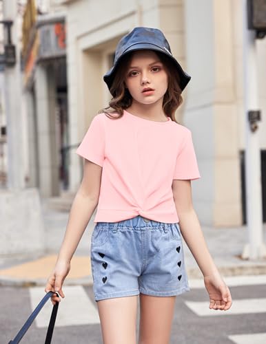 Image of Arshiner Girls Casual Tie Dye Short-Sleeve T-Shirt Cute Print Summer Blouse for Girls Twist Front Tunic Tee Tops