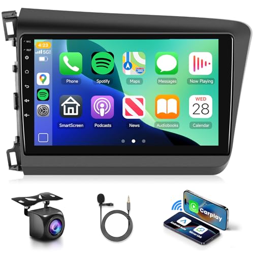 2G+32G Android 13 Car Radio Stereo with HiFi Audio for Honda Civic 2012-2015, Wireless CarPlay/Android Auto 9 Inch HD Touch Screen GPS WiFi Bluetooth FM/RDS USB EQ HD Backup Camera