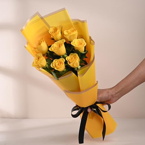 Image of FlowerAura Premium Fresh Live Flower Bouquet of 8 Yellow Roses In Designer Paper Gift For Birthday | Anniversary | Love | Home Decor | Fathers Day Gift For Dad (Same Day Delivery)