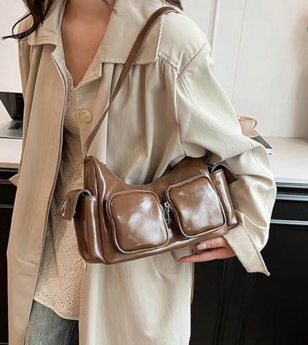 Women's Multi Pocket Shoulder Bag Y2k Vegan Leather Handbags Trendy Crossbody Purse Small Tote Satchels3