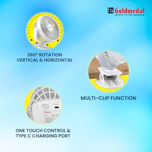 Image of Goldmedal i-Fan 100mm Mini Portable Fan - White | Pack of 1 | DesK Mountable & Multi-Clip Function | 360 Rotation Horizontal & Vertical