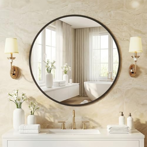 Image of NEWBULIG 20 Inch Round Wall Mirror, Bathroom Mirrors for Over Sink, Matte Metal Framed Circle Vanity Mirror, Wall Decor for Bedroom, Anti-Rust, Tempered Glass, Hanging or Leaning, Classic Black