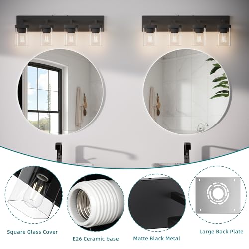 Image of Bathroom Vanity Light, Square Design 4 Lights Morden Bathroom Lighting Fixtures Over Mirror, Black Bathroom Light Vanity Fixtures for Bathroom /Living Room /Bedroom