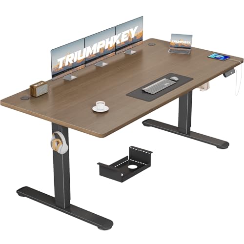TRIUMPHKEY Bureau électrique réglable en Hauteur 160 x 80 cm avec 4 Commandes à mémoire de Forme Grand Bureau de Protection Contre Les collisions électriques Noyer