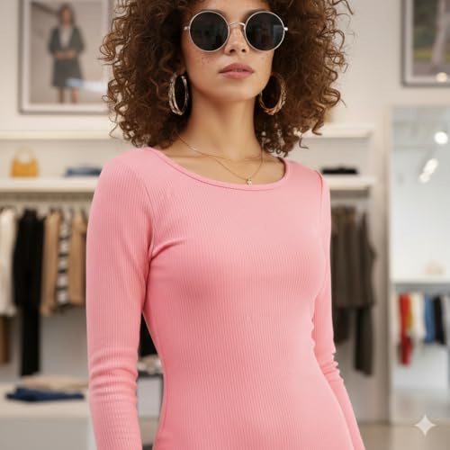 Image of Bedazzle Women's Pink Ribbed Bodycon Mini Dress Long Sleeve Wide Neck Slim Fit Stretch Knit Cocktail Party Casual Short Dress Style
