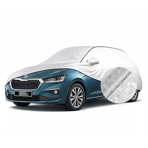Image of SEAZEN Waterproof Car Cover for Skoda Slavia | Dustproof, UV & Scratch Resistant Soft Cotton Lining | Triple Stitched, Mirror Pockets & Elastic Hem | Metallic Silver with Black Piping