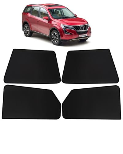 Image of OTO2EYE Car Sun Shade Compatible for Mahindra XUV 500 Model 2018 to 2021, Z-Black Fix Type Side Window Curtains, Only Half Cut in Front Window, 6 Pieces Set