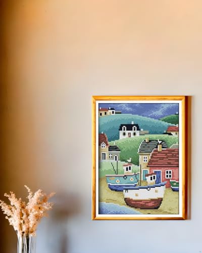 Image of CaptainCrafts Cross Stitch Kits, Counted Cross Stitch Unprinted Fabric DIY Art Needlecrafts Embroidery Kit for Adults Beginner (Unpreprint 14CT, Colorful Harbour) | Unprinted 14CT Fabrics, DMC Cross Stitching, DIY Hand Embroidery, Relaxing Crafts
