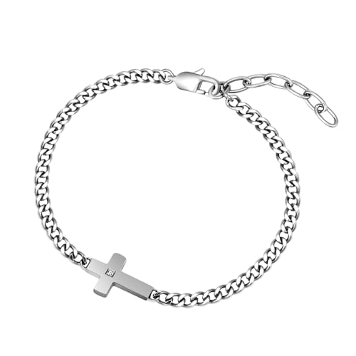 Silver Cross Chain Bracelets for Men Women,Stainless Steel Adjustable Curb Cuban Link Chain Bracelet Stylish Cross Jewelry,Christian Religious Jesus Confirmation Jewelry gifts,7.28-8.66''
